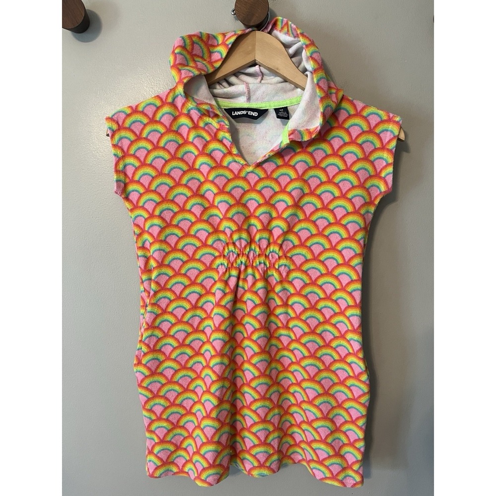 Lands' End Rainbow Hooded Swim Cover-Up Terry Cloth Girl's Size M (8)